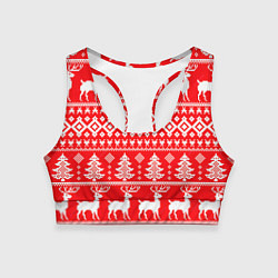 Женский спортивный топ Новогодние мотивы елки и олени на красном