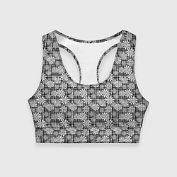 Женский спортивный топ Белые ромашки на клетчатом черно белом фоне