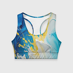 Женский спортивный топ Масляные краски, брызги, желтые белые синие цвета