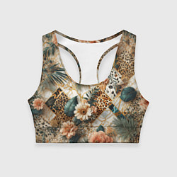 Топик спортивный женский Цветы на кусках мрамора и леопардовом узоре, цвет: 3D-принт