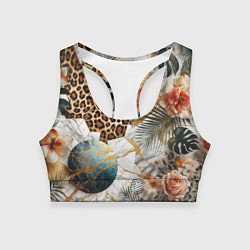 Топик спортивный женский Мрамор с цветами и леопардовый узор, цвет: 3D-принт