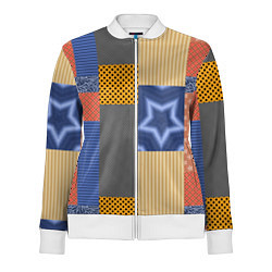 Олимпийка женская Желто синий деревенский узор из лоскутов ткани, цвет: 3D-белый