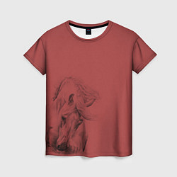 Футболка женская Конь на красном фоне, цвет: 3D-принт