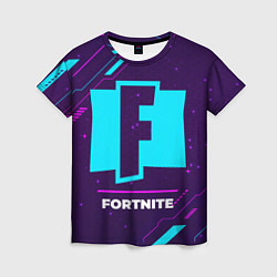 Женская футболка Символ Fortnite в неоновых цветах на темном фоне