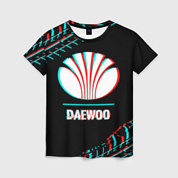 Футболка женская Значок Daewoo в стиле glitch на темном фоне, цвет: 3D-принт