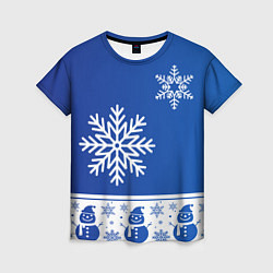 Футболка женская Снеговики в снежинках синие, цвет: 3D-принт