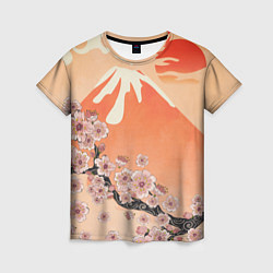 Женская футболка Ветка цветущей сакуры и вулкан