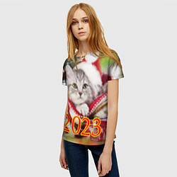 Футболка женская Котенок в новогодней шапочке, цвет: 3D-принт — фото 2