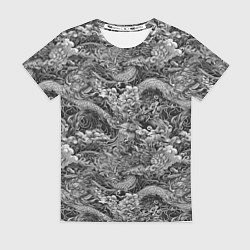 Женская футболка Черно-белый фон с элементами японской татуировки