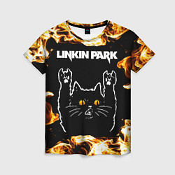 Футболка женская Linkin Park рок кот и огонь, цвет: 3D-принт