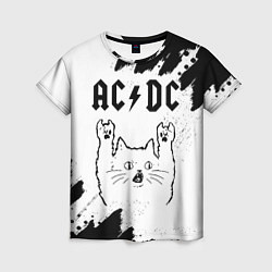 Футболка женская AC DC рок кот на светлом фоне, цвет: 3D-принт