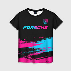Футболка женская Porsche - neon gradient: символ сверху, цвет: 3D-принт