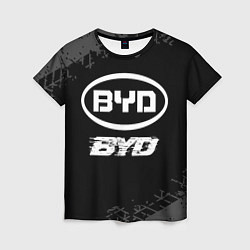 Футболка женская BYD speed на темном фоне со следами шин, цвет: 3D-принт