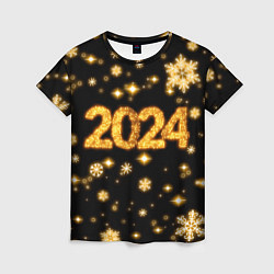 Футболка женская Новый 2024 год - золотые снежинки, цвет: 3D-принт