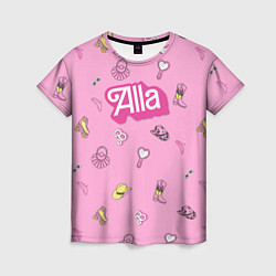 Футболка женская Алла - в стиле ретро барби: аксессуары на розовом, цвет: 3D-принт