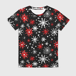 Футболка женская Белые и красные снежинки на черном фоне - нейросет, цвет: 3D-принт