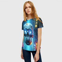 Футболка женская Cyber skull - neon glow ai art, цвет: 3D-принт — фото 2