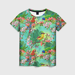 Женская футболка Попугаи и птицы в джунглях