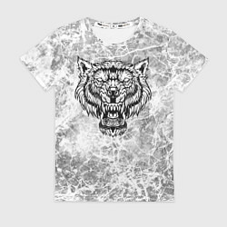 Футболка женская Черно-белый агрессивный волк на сером фоне, цвет: 3D-принт