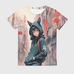 Футболка женская Девушка в худи с ушками, цвет: 3D-принт