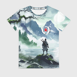 Женская футболка Самурай на берегу горного озера - нейросеть
