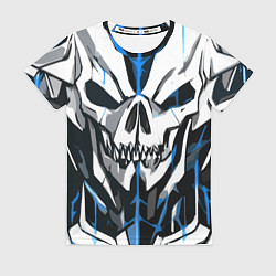 Женская футболка Белый череп и синие полосы на чёрном фоне