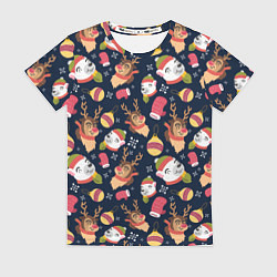 Футболка женская Новогодний детский паттерн с животными, цвет: 3D-принт
