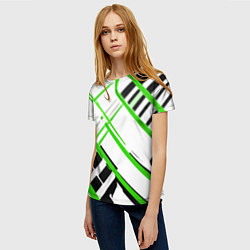 Футболка женская Зелёно-чёрные полосы на белом фоне, цвет: 3D-принт — фото 2