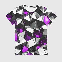 Футболка женская Фиолетово-белые рельефные треугольники на чёрном ф, цвет: 3D-принт
