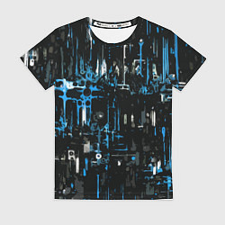 Женская футболка Бело-синяя тревожная абстракция на чёрном фоне