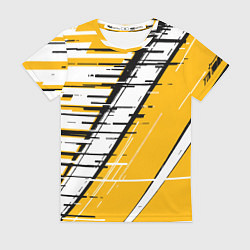 Женская футболка Чёрно-белые глитч полосы на жёлтом фоне