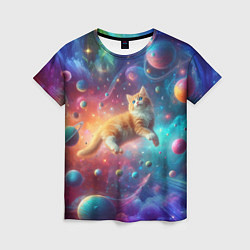 Футболка женская Рыжий космический котёнок - неоновое свечение, цвет: 3D-принт