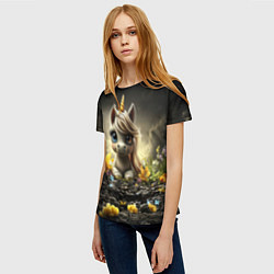 Футболка женская Белая единорожка на черном фоне, цвет: 3D-принт — фото 2