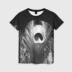 Футболка женская Изогнутые белые перья павлина - чб иллюстрация, цвет: 3D-принт