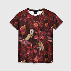Футболка женская Бордовая готика с сердцем, лилиями и мотыльками, цвет: 3D-принт