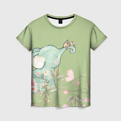Футболка женская Слоненок с зайчиком в цветах на зеленом, цвет: 3D-принт