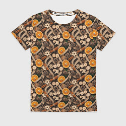 Футболка женская Новогодний орнамент с корицей и дольками апельсина, цвет: 3D-принт