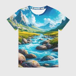 Женская футболка Пейзаж художественный горы речка камни