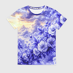 Футболка женская Сине-сиреневый цветы на фоне облаков, цвет: 3D-принт