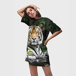 Футболка женская длинная Тигр в джунглях, цвет: 3D-принт — фото 2