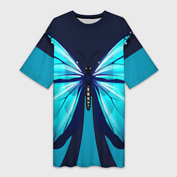 Футболка женская длинная Голубая бабочка, цвет: 3D-принт