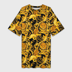 Футболка женская длинная Львы золотые узоры, цвет: 3D-принт