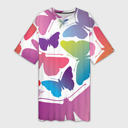 Футболка женская длинная Разноцветные бабочки, цвет: 3D-принт