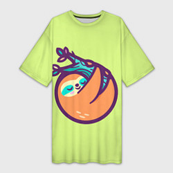 Футболка женская длинная Ленивец спит на ветке рисунок, цвет: 3D-принт