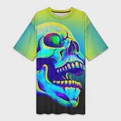 Футболка женская длинная Neon skull, цвет: 3D-принт