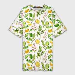Футболка женская длинная Летний узор лимон ветки листья, цвет: 3D-принт