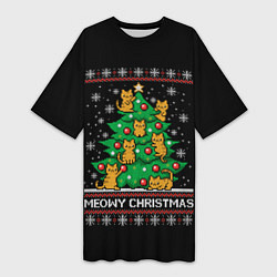 Футболка женская длинная Meowy christmas, цвет: 3D-принт