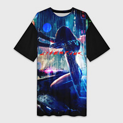 Женская длинная футболка Cyberpunk девушка с катаной
