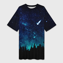 Футболка женская длинная ЛЕС НОЧЬЮ, цвет: 3D-принт