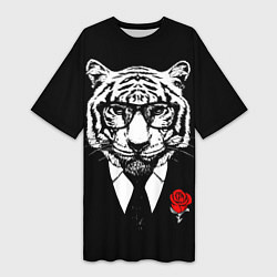Женская длинная футболка Тигр с красной розой